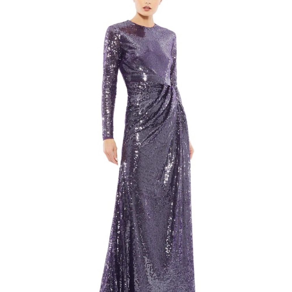 Mac Duggal Sequin High Neck Long Sleeve Draped Gown Size 8